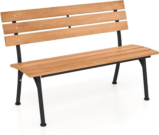 HAPPYGRILL Outdoor Acacia Wood Bench, 2-Person Park Bench with Metal Frame, Slatted Seat and Backrest, Patio Loveseat for Front Porch, Backyard, Garden