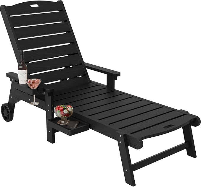 YEFU Chaise Lounge Chair Outdoor,Pool Lounge Chair with Adjustable Backrest,All Weather Resin Patio Lounge Chair with Cup Holder&Armrest,for Outside,Beach,Deck,Heavy Duty,400lbs Capacity(Black)