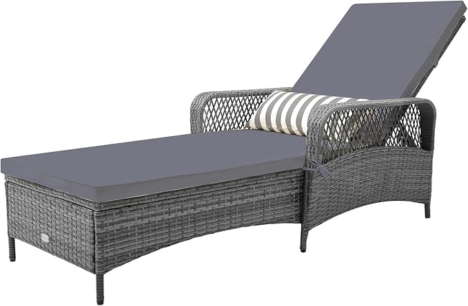 COSTWAY PE Rattan Chaise Lounge Chair, 6 Gear Adjustable Recliner with Armrest & Pillow, Wicker Outdoor Furniture for Deck, Patio (1, Dark Gray)