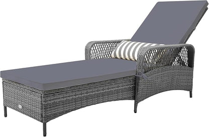 COSTWAY PE Rattan Chaise Lounge Chair, 6 Gear Adjustable Recliner with Armrest & Pillow, Wicker Outdoor Furniture for Deck, Patio (1, Dark Gray)