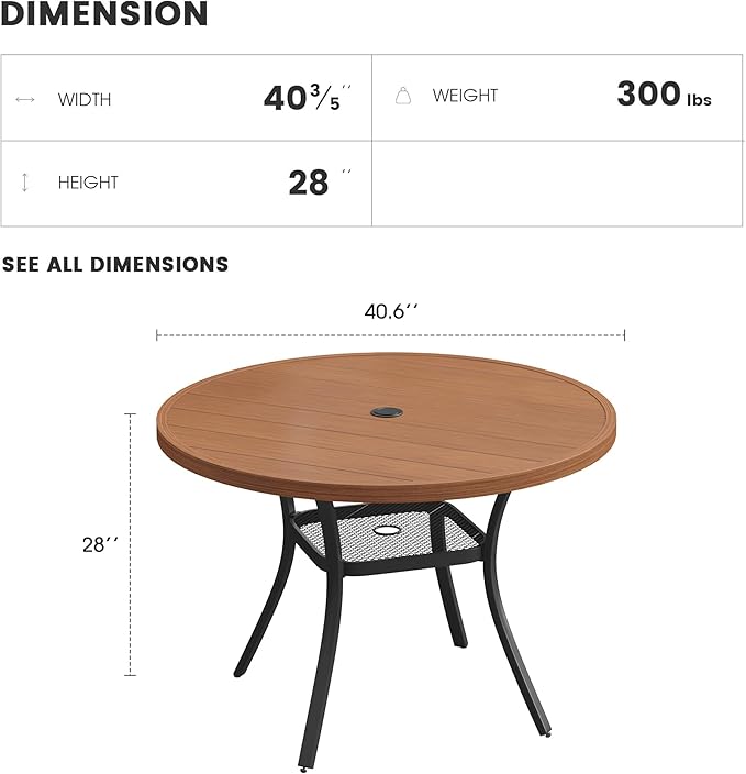 Patio Dining Table for 4, Round Metal Outdoor Table with Storage Shelf, 1.57" Umbrella Hole - Photo 3