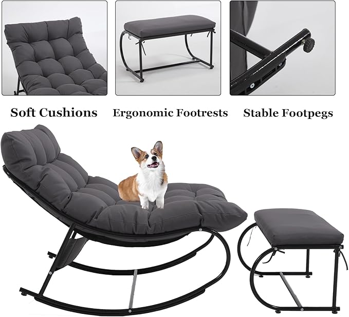2 Piece Outdoor Rocking Chairs with Ottoman, Patio Oversized Rocking Egg Chair with Cushion, Papasan Chair Set of 2 for Outside, Outdoor Padded Chairs, Grey