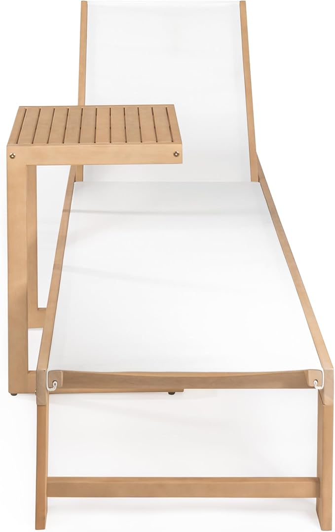 JONATHAN Y LNG1100C-2SET Trabuco Coastal Modern Acacia Wood Mesh 3-Position Outdoor Chaise Lounge Set with Side Table Transitional, Classic, Minimalist, Traditional, Contemporary, White/Light Teak