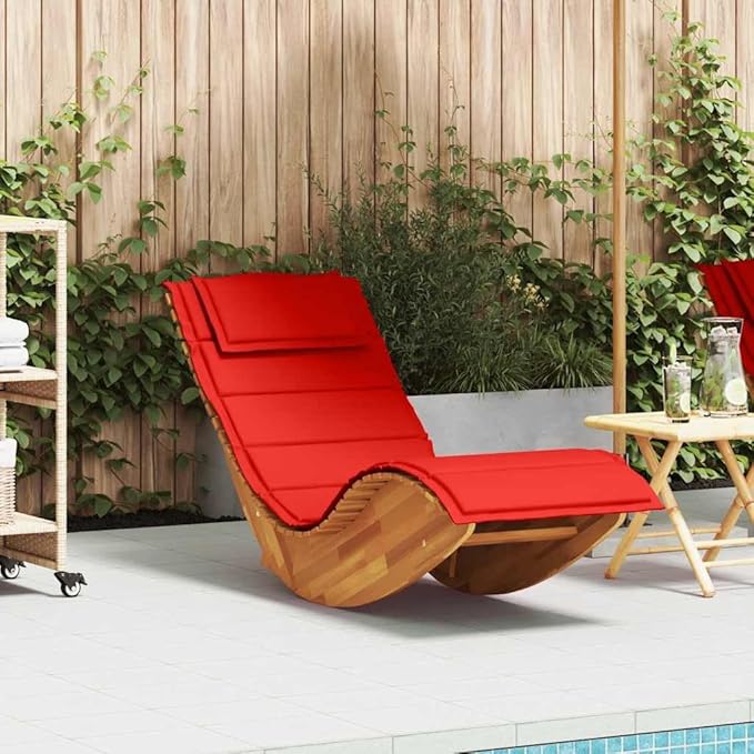 Rocking Sun Lounger with Thick Red Cushion 60.6"x23.6"x29.1" Solid Acacia Wood Outdoor Chaise Lounge - Photo 1