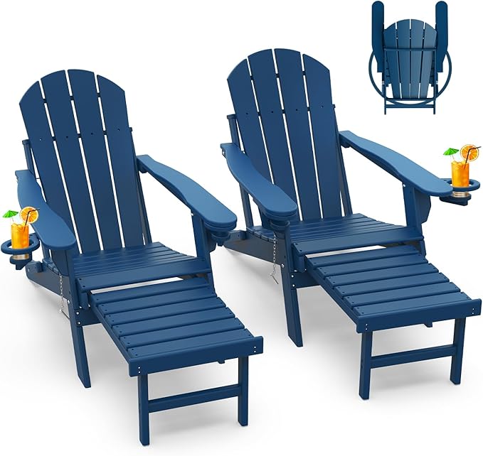 GREENVINES Adirondack-Chairs-with-Ottoman | Set of 2 | Folding | Retractable-Footrest | HDPE Plastic | All Weather Fire Pit Chair | Cup Holders | Blue | for Outdoor Poolside