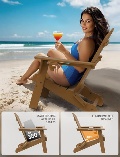 Folding Adirondack Chair, Wooden Textured Plastic Adirondack Chairs with 2 Cup Holder, Weather Resistant HDPE Fire Pit Chair, Outdoor Patio Chairs for Garden, Backyard, Lawn, Deck, 380LBS, Teak