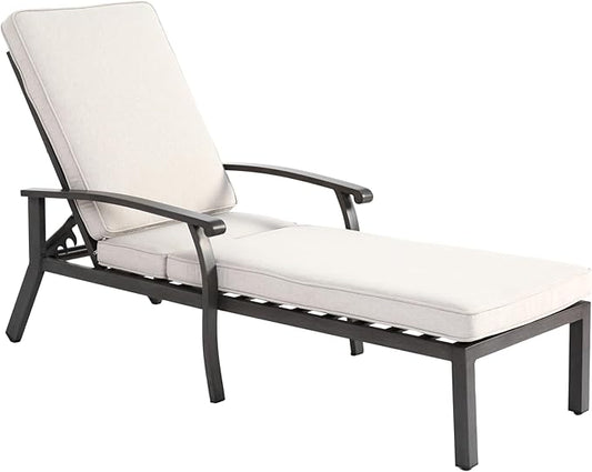 Beige Aluminium Cast Chaise Lounge Chair Outdoor, Patio Chaise Lounge Chair with Cushion, Tanning Lounges, with Level Adjustable Recliner for Poolside, Patio, Deck, Yard