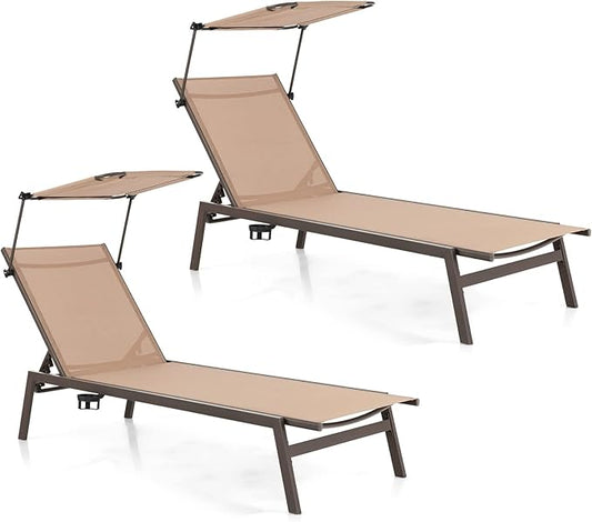 Giantex Outdoor Chaise Lounge Chair with Sunshade, 6 Adjustable Position, Sturdy Metal Frame, Cup Holder, Outside Tanning Chair for Poolside, Backyard Sunbathing (2, Brown)