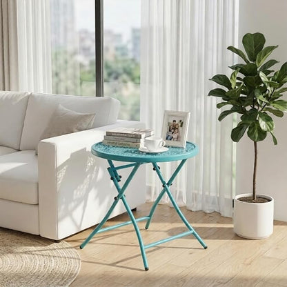 TeoKJ Folding Outdoor Side Tables, Anti Rust Small Patio Table Round Metal Nightstand with Flower Cutouts for Porch Yard Balcony Deck Lawn, Blue