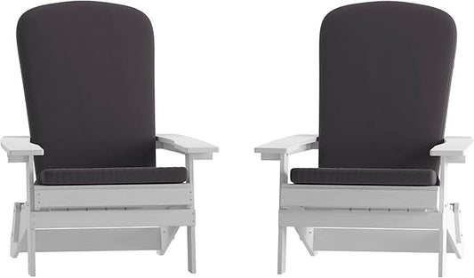 Flash Furniture Charlestown Folding Adirondack Chairs Poly Resin Frame-All-Weather Cushions-Indoor/Outdoor Use, Set of 2, White/Gray