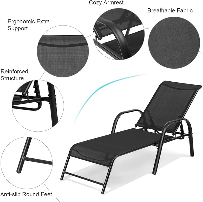 Tangkula Outdoor Patio Lounge Chairs Set of 2, Adjustable Folding Reclining Chaise Lounge, 5-Position Backrest Adjustment, Sling Chaise for Patio Beach Porch Swimming Poolside