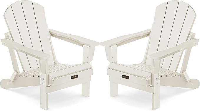 SERWALL Folding Adirondack Chair Set of 2, All Weather Adirondack Chairs for Patio Garden Outdoors Fire Pit - White