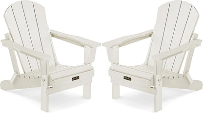 SERWALL Folding Adirondack Chair Set of 2, All Weather Adirondack Chairs for Patio Garden Outdoors Fire Pit - White