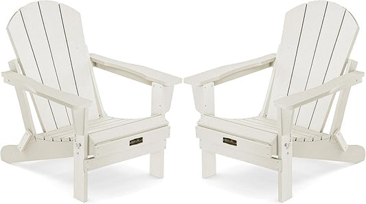 SERWALL Folding Adirondack Chair Set of 2, All Weather Adirondack Chairs for Patio Garden Outdoors Fire Pit - White