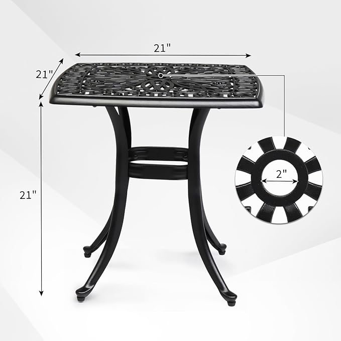 VINGLI 21" Cast Aluminum Outdoor Side Table with Umbrella Hole, All Weather Patio Side Table Bistro Table for Balcony - Photo 3