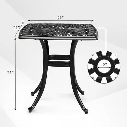 VINGLI 21" Cast Aluminum Outdoor Side Table with Umbrella Hole, All Weather Patio Side Table Bistro Table for Balcony, Yard and Porch (Black)