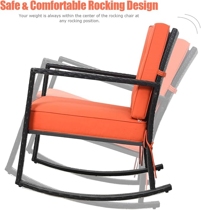 Tangkula Wicker Rocking Chair, Outdoor Rattan Rocker Chair with Heavy-Duty Steel Frame, Patio Furniture Seat with 5” Thick Cushion for Garden, Porch, Backyard, Poolside (1, Orange)
