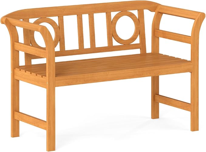 Tangkula Acacia Wood Outdoor Bench with Backrest, 2-Person Patio Wood Bench with Curved Armrests, Slatted Seat, Garden Bench Loveseat for Park, Yard, Lawn, Patio, 800 LBS Max Load