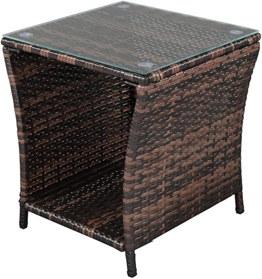 Patio Rattan Side Table - Outdoor Wicker End Square Table, Coffee with Storage Glass Top, Bistro for Poolside Porch,Small Accent Tables Living Room,Bedroom Nightstand, Brown