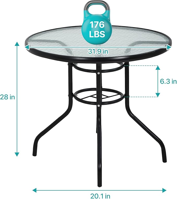 32" Round Outdoor Dining Table - Tempered Glass Top with Umbrella Hole, Weather-Resistant Metal Patio Table for Backyard, Poolside, Balcony, Garden - Black
