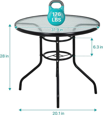 32" Round Outdoor Dining Table - Tempered Glass Top with Umbrella Hole, Weather-Resistant Metal Patio Table for Backyard, Poolside, Balcony, Garden - Black