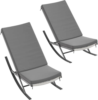 GarveeLife Outdoor Rocking Lounge Chair Set of 2, Patio Chaise Lounge with Removable Cushion for Napping Relaxing, Indoor Reclining Papasan Rocker Chair, Grey