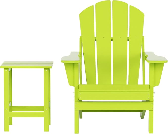 WestinTrends Malibu 2-Pieces Adirondack Chair Set with Side Table, All Weather Outdoor Seating Plastic Patio Lawn Chair Folding for Outside Porch Deck Backyard, Lime