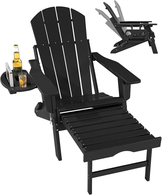 FOOWIN Folding Adjustable Adirondack Chair with Retractable Ottoman,HDPE Adirondack Chair w/4 in 1 Cup Holder Trays,All-Weather Resistant Fire Pit Chair for Outdoor Patio Lawn, Black
