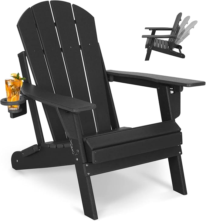 Okeysen Adjustable Adirondack Chair Folding Plastic Outdoor Fire Pit Chair Weather Resistant 3-Positons Patio Chair with Cup Holder for Outdoor Porch Garden Backyard Deck and Pool, Black