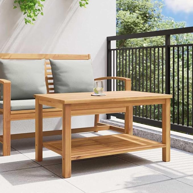 Solid Teak Outdoor Coffee Table 35.4 x 19.7 x 17.7 in Brown Modern Patio Dining Table with Hidden Storage for Garden - Photo 4