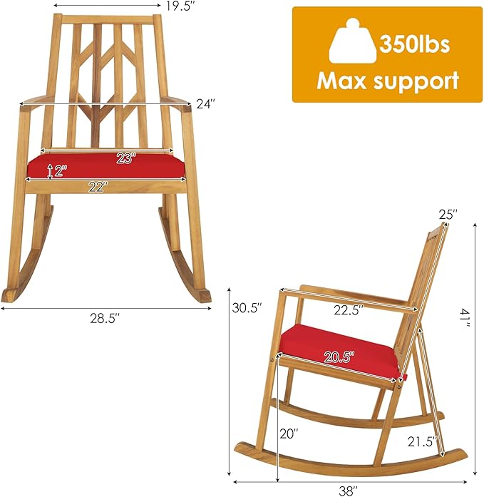 RELAX4LIFE Wooden Rocking Chair Outdoor - Oversized Patio Rocker w/High Backrest, Long Armrest, Removable Soft Cushion, Porch Rocking Chair for Backyard, Garden, Patio Rocking Chair (1, Red)