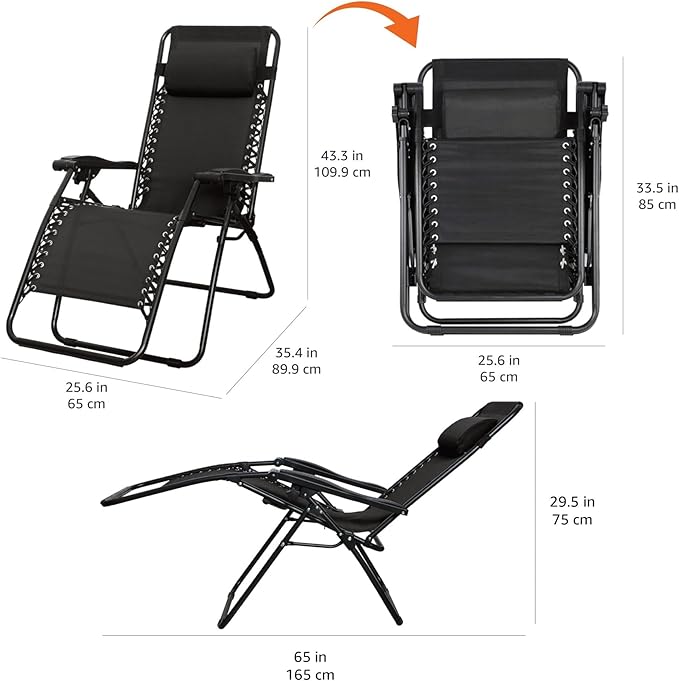 Amazon Basics Outdoor Patio Zero Gravity Portable Folding Reclining Lounge Chair with Padded Headrest Pillow - Photo 3