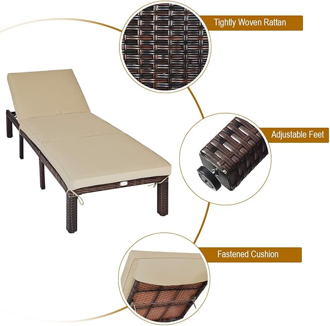 COSTWAY 2PCS Patio Rattan Lounge Chair, 6-Gear Adjustable Chasie Lounge, Outdoor Recliner for Deck, Backyard (Brown) - Photo 8