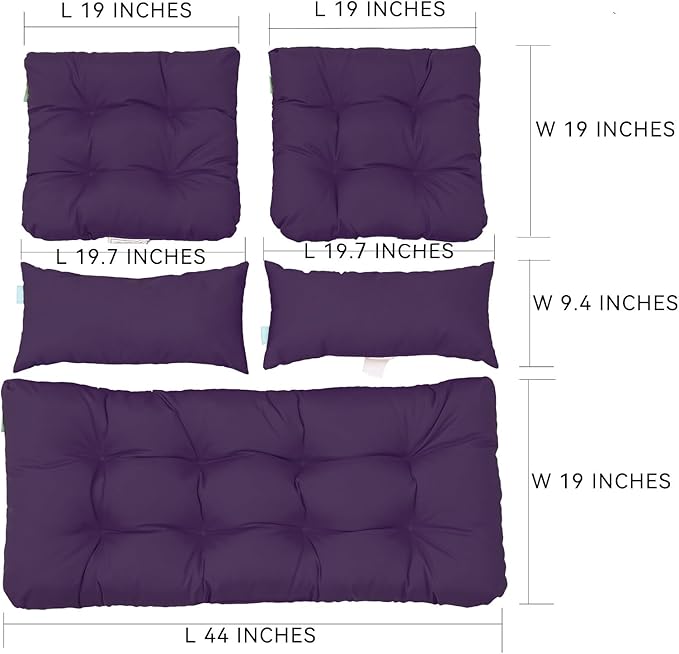 QILLOWAY Outdoor Patio Wicker Seat Cushions Group Loveseat/Two U-Shape/Two Lumbar Pillows for Patio Furniture,Wicker Loveseat,Bench,Porch,Settee of 5 (Purple)