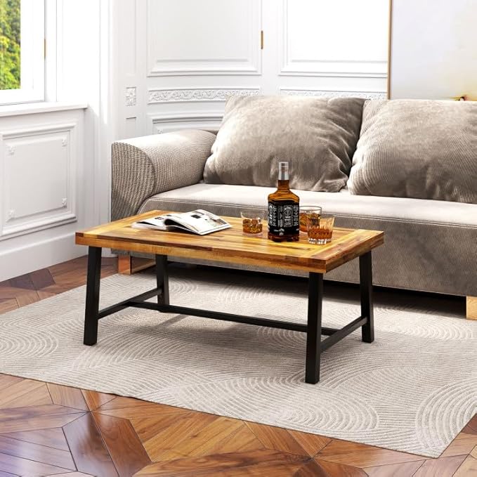 Byroce Outdoor Coffee Table, 43.5”L Farmhouse Accent Table with Spacious Tabletop & Heavy-Duty Metal Structure, Acacia Wood Coffee Table for Patio, Yard, Garden & Living Room, Natural