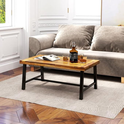 Byroce Outdoor Coffee Table, 43.5”L Farmhouse Accent Table with Spacious Tabletop & Heavy-Duty Metal Structure, Acacia Wood Coffee Table for Patio, Yard, Garden & Living Room, Natural