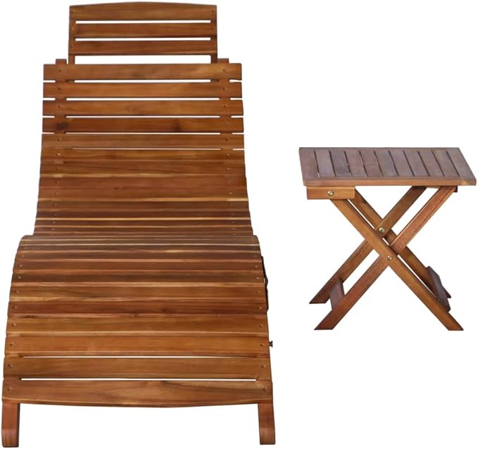 Foldable Sun Lounger with Side Table, Solid Acacia Wood Outdoor Chaise Lounge for Patio Garden Poolside, Brown Weather-Resistant Folding Sunbed for Adults, Medium Size, Easy Assembly and Storage