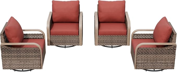 Modern Wicker Outdoor Swivel Rocking Chairs, Rattan Glider Rocker Chairs Patio Furniture for Backyard, Deck, Porch, Garden, 4 Pieces, Brown/Red