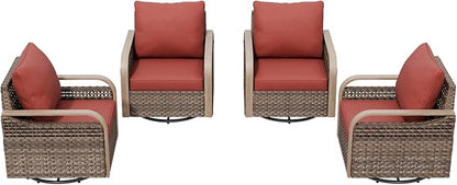 Modern Wicker Outdoor Swivel Rocking Chairs, Rattan Glider Rocker Chairs Patio Furniture for Backyard, Deck, Porch, Garden, 4 Pieces, Brown/Red