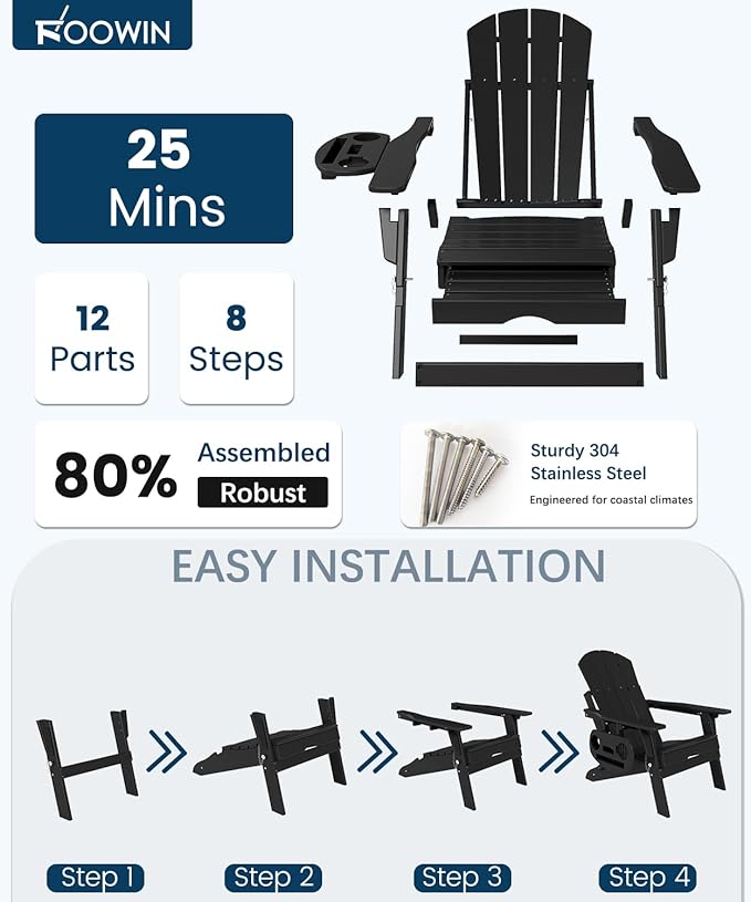 FOOWIN Folding Adjustable Adirondack Chair with Retractable Ottoman Set of 2,HDPE Adirondack Chair w/4 in 1 Cup Holder Trays,All-Weather Resistant Fire Pit Chair for Outdoor Patio Lawn, Black
