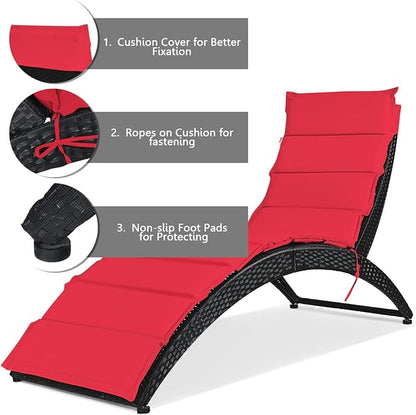 Tangkula Foldable Patio Lounge Chair, Outdoor Rattan Lounger Chaise, Portable Patio Chaise with Cushion, All-Weather Wicker Furniture for Garden Lawn Balcony Backyard Poolside (1, Red)