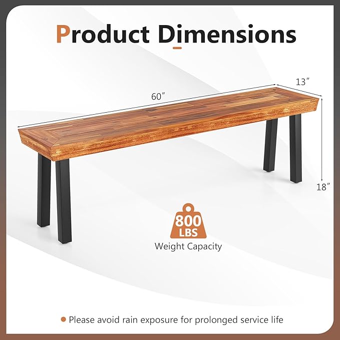 COSTWAY Outdoor Acacia Wood Benches, 2-3 People Backless Garden Benches with Metal Frame for Patio, Deck - Photo 3