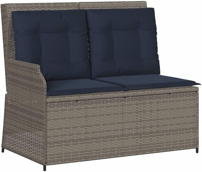 2-Seater Reclining Patio Bench with Cushions, Outdoor Garden Loveseat with Adjustable Backrest and Armrests, Grey PE Rattan Furniture for Balcony, Porch, and Terrace