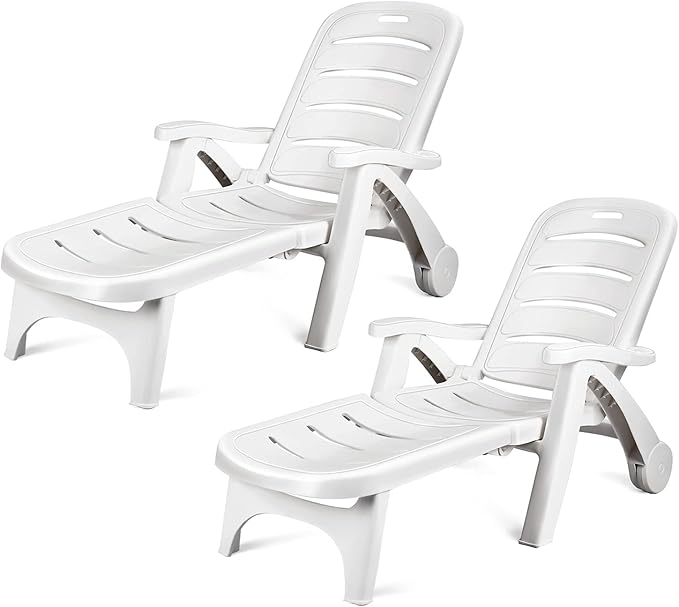Giantex Folding Lounger Chaise Chair on Wheels Outdoor Patio Deck Chair Adjustable Rolling Lounger 5 Position Recliner w/Armrests (2, White)