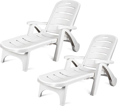 Giantex Folding Lounger Chaise Chair on Wheels Outdoor Patio Deck Chair Adjustable Rolling Lounger 5 Position Recliner w/Armrests (2, White)