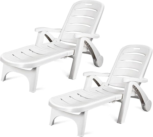 Giantex Folding Lounger Chaise Chair on Wheels Outdoor Patio Deck Chair Adjustable Rolling Lounger 5 Position Recliner w/Armrests (2, White)
