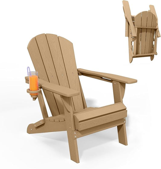 Folding Adirondack Chair with Cup Holders, HDPE Plastic Outdoor Chairs, Weather Resistant, Real Wood Look for Patio, Deck, Fire Pit, Backyard, Brown