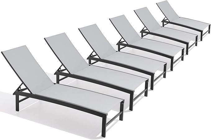Chaise Lounge Chair, Set of 6 Outdoor Recliner Lounge Chair Sun Loungers, All Weather Chaise with 5 Adjustable Backrest and Lay Flat Positions for Garden, Balcony, Pool, Light Gray