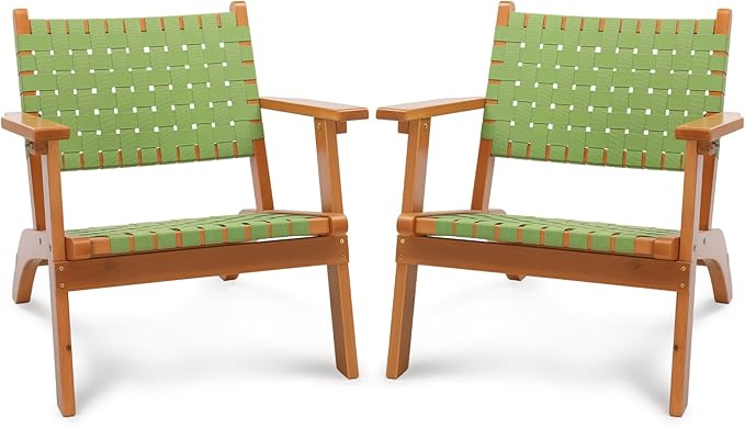 VINGLI Outdoor Armchair, All-Weather Wooden Patio Chair with Waterproof PE Woven Fabric, Adirondack Chair for Garden, Lawn and Poolside (2, Green and Brown)