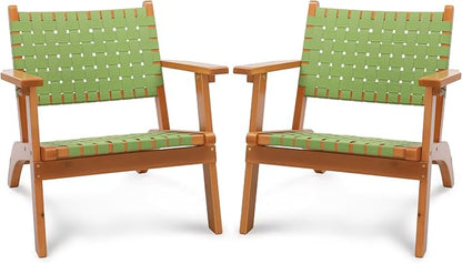 VINGLI Outdoor Armchair, All-Weather Wooden Patio Chair with Waterproof PE Woven Fabric, Adirondack Chair for Garden, Lawn and Poolside (2, Green and Brown)